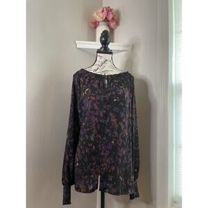 Brand New Joan Vass blouse features vibrant black, orange, and purple colors